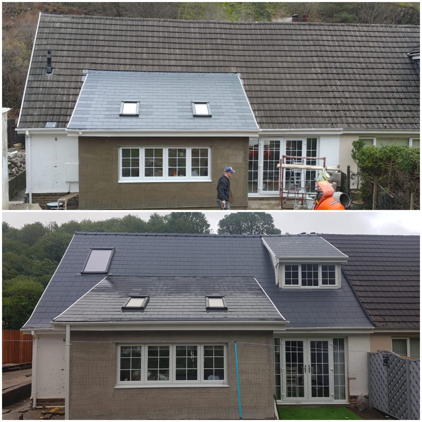 Before and after full roof replacement with new slate on a bungalow in South Wales